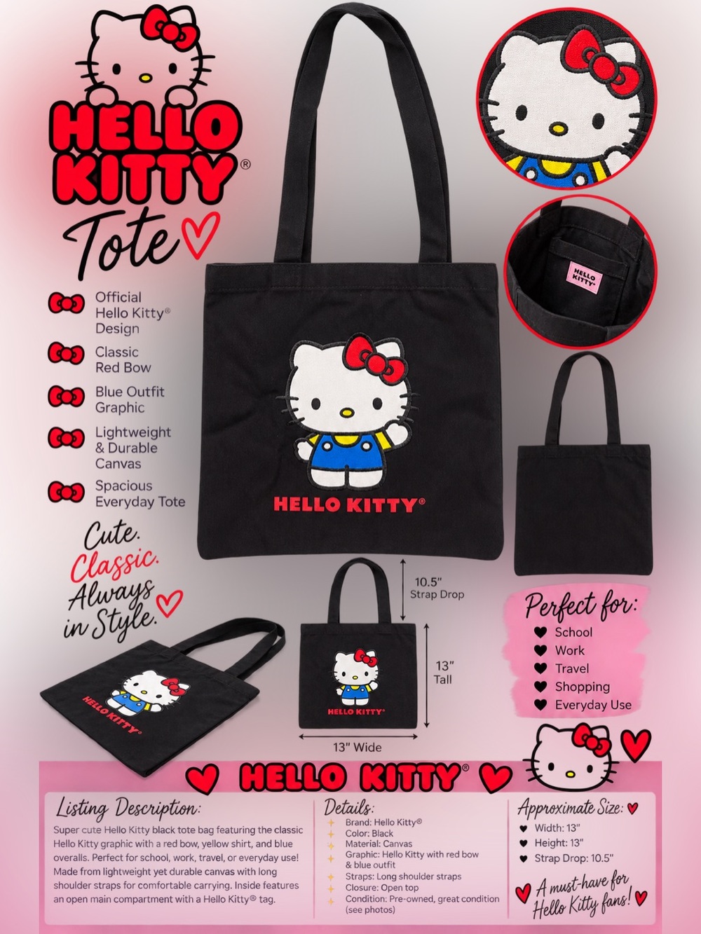 Hello Kitty Sanrio Black Canvas Tote Bag Red Bow Blue Outfit Y2K Kawaii